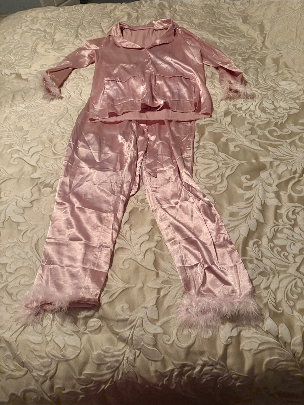 Pink Satin Pajama Set with Feather Trim